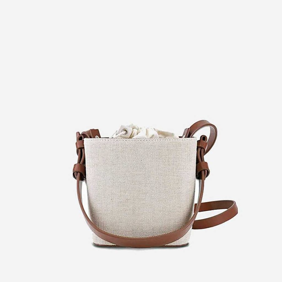 Femme Sac Bandoulière | Petit Sac Seau Toile Et Cuir Blanc Casse