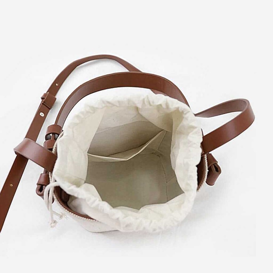 Femme Sac Bandoulière | Petit Sac Seau Toile Et Cuir Blanc Casse